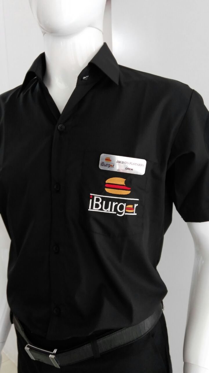 Black shirt with an embroidered 'iBurger' logo and name badge on a mannequin