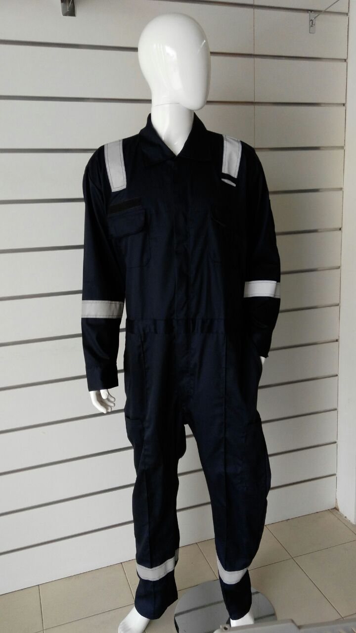 Navy coverall with reflective tape on the chest, arms and legs on a mannequin