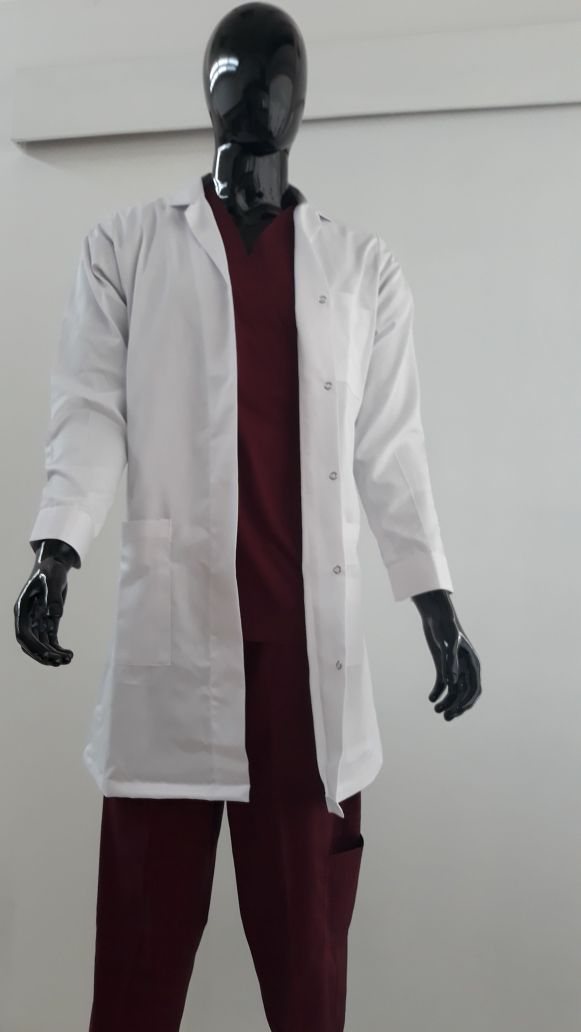 White lab coat worn over maroon scrubs on a mannequin