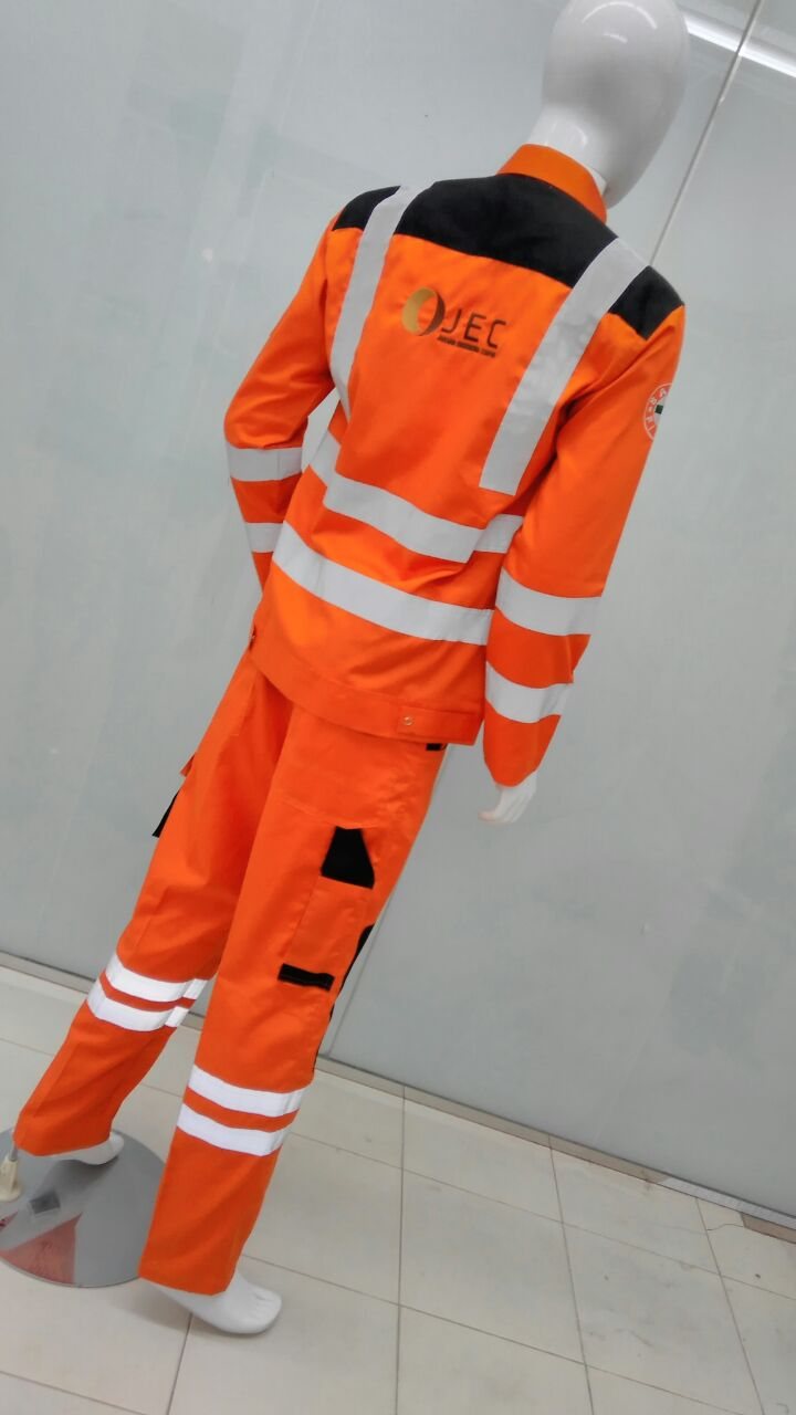 Orange hi-vis two-piece workwear with reflective stripes on a mannequin