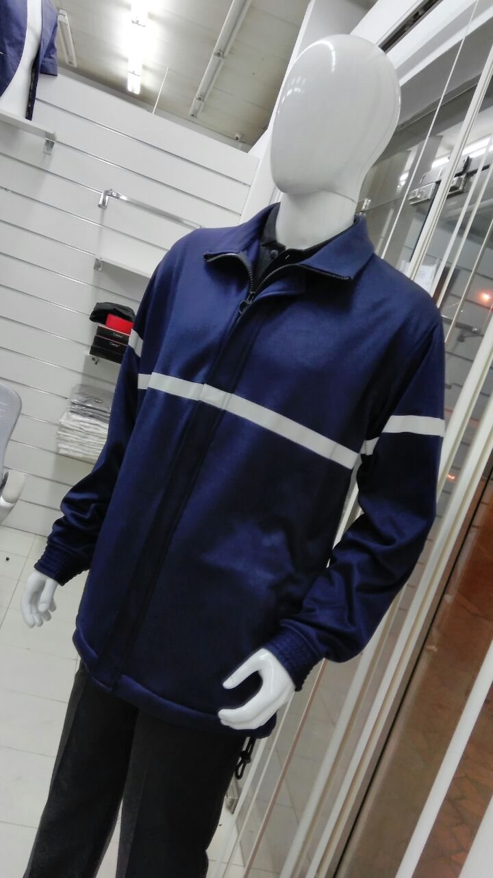 Navy work jacket with a reflective band across the chest and sleeves on a mannequin