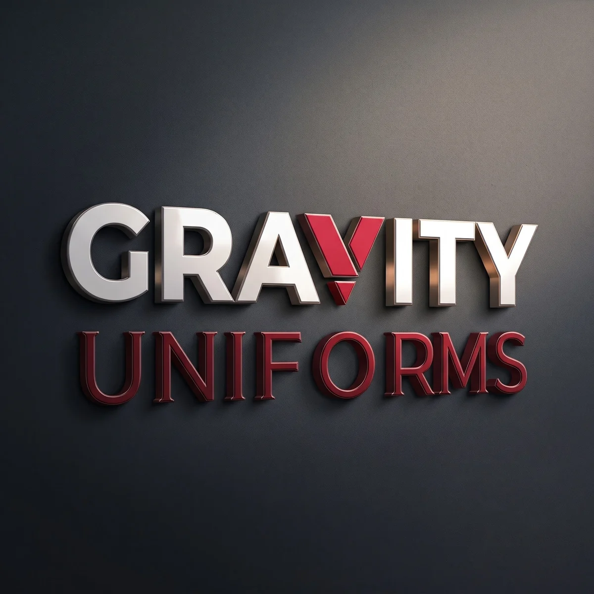 Gravity Uniforms 3D logo in brushed white and red on a dark wall