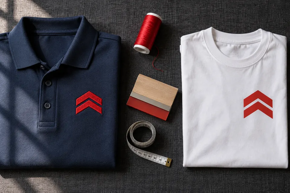 Flat lay: a navy polo with a raised embroidered chevron beside a white T-shirt with a screen-printed chevron