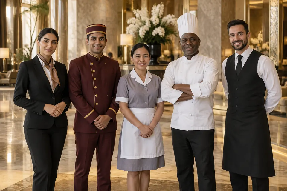 Hotel team in department uniforms: front desk, bellman, housekeeping, chef and a waiter, in a marble lobby