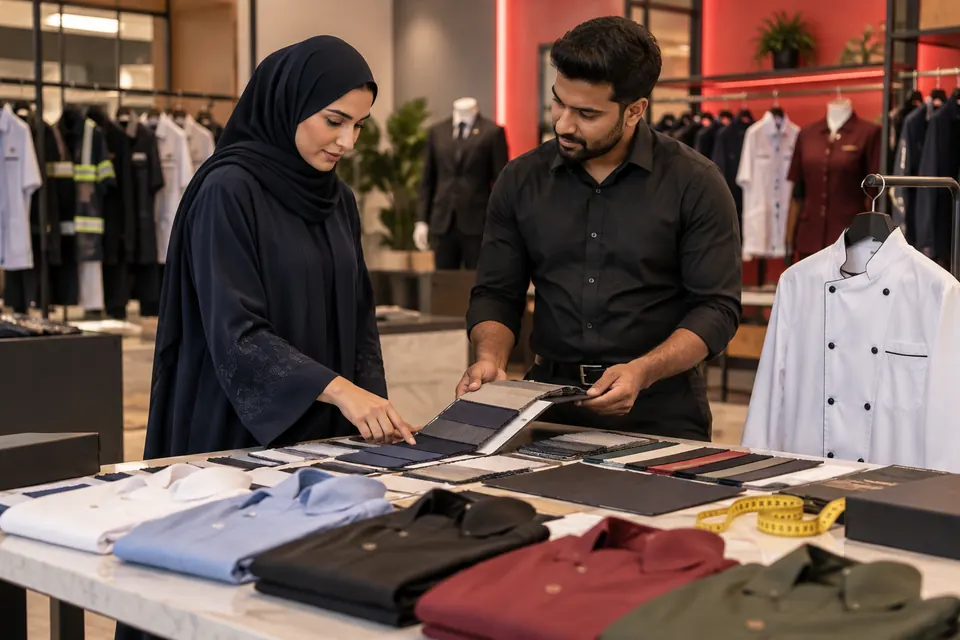 مشترٍ ومستشار توريد يراجعان عينات الأقمشة وقمصان العينة في صالة عرض