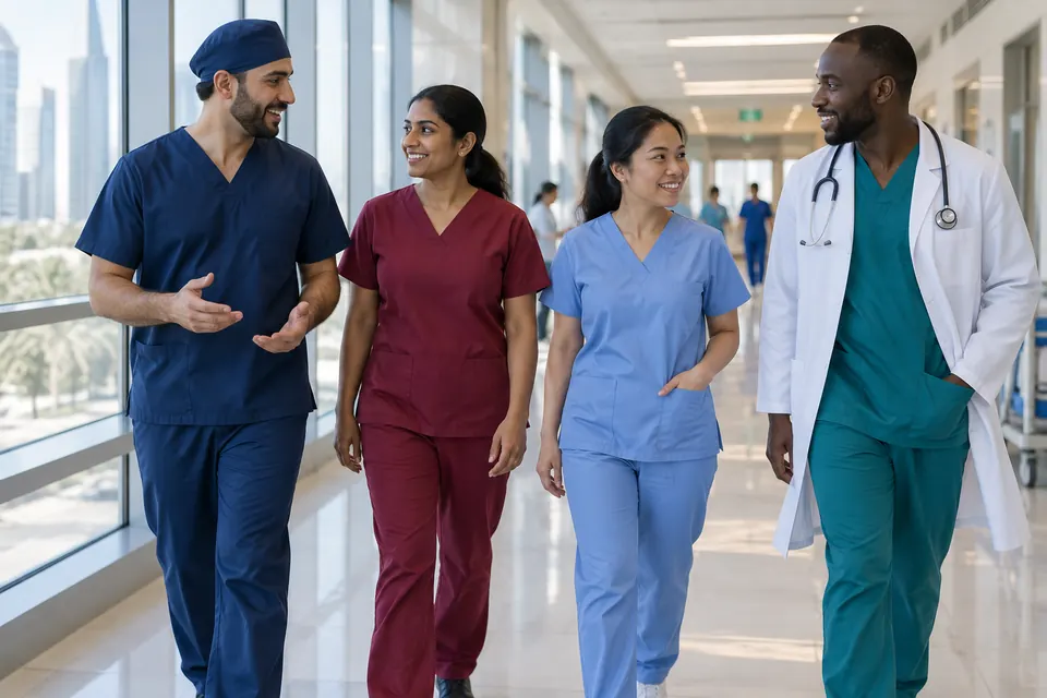 Four healthcare staff in colour-coded scrubs walking a hospital corridor
