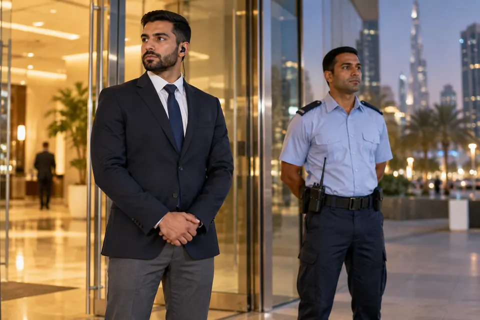 Two security officers at a glass office entrance in the evening