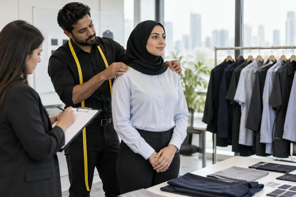 A tailor measuring a colleague's shoulders at a sizing day, with a clipboard and sample uniforms