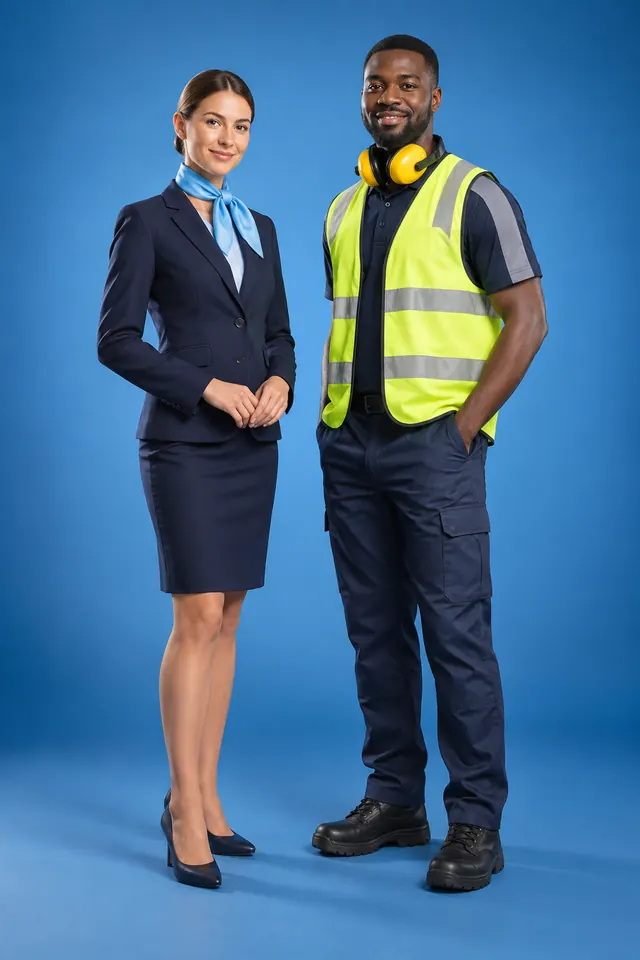Studio photo: cabin crew in a navy suit with a light-blue scarf, and ground crew in a navy polo and a yellow hi-vis vest with ear defenders