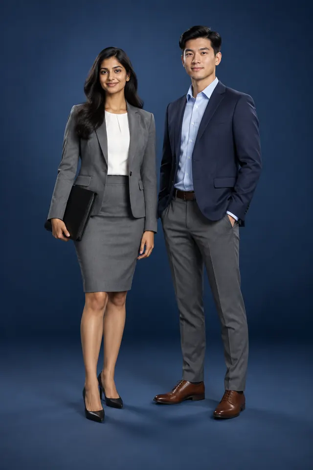 Studio photo: a woman in a grey skirt suit with a black folio and a man in a navy blazer with grey trousers, on navy