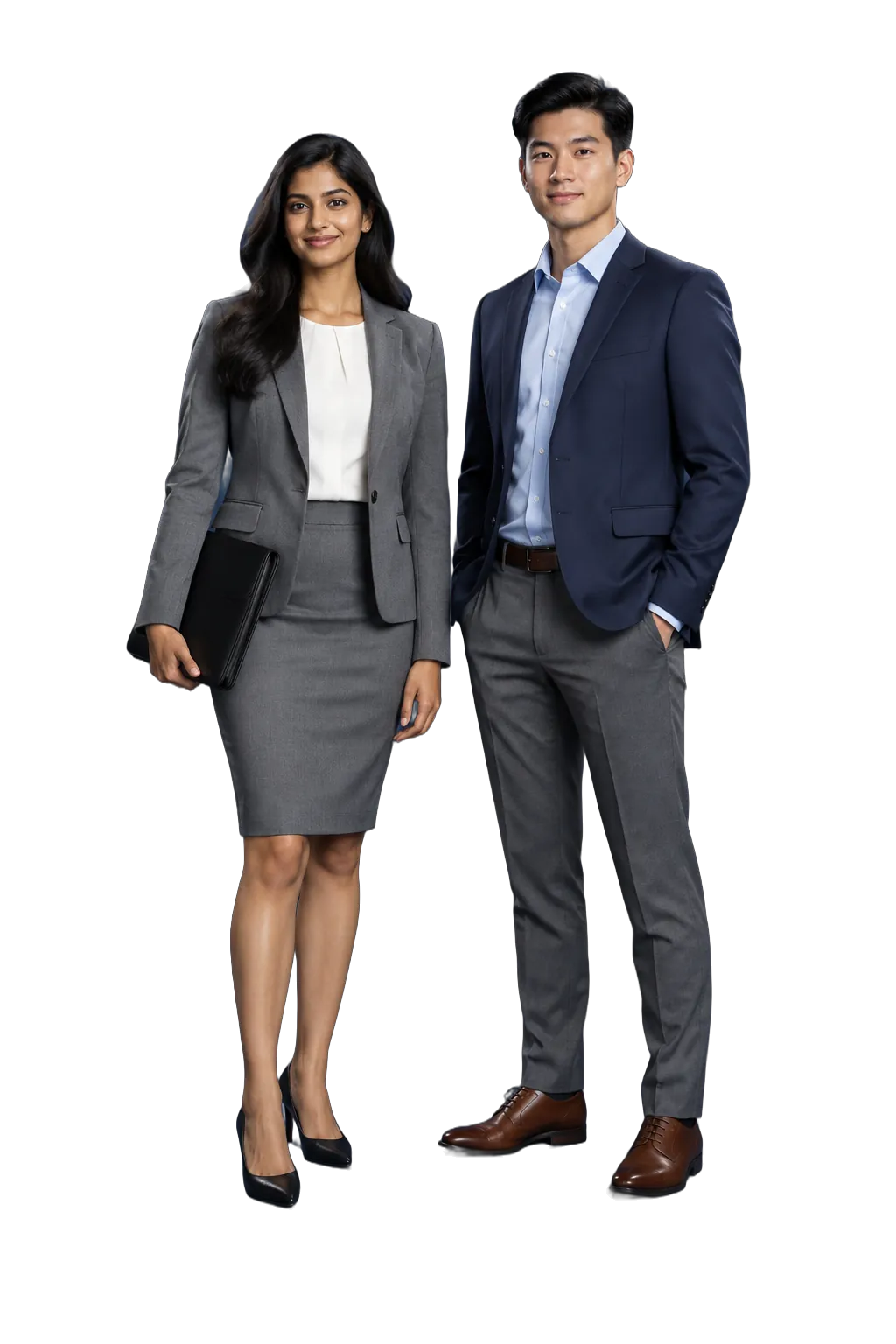 Studio photo: a woman in a grey skirt suit with a black folio and a man in a navy blazer with grey trousers, on navy