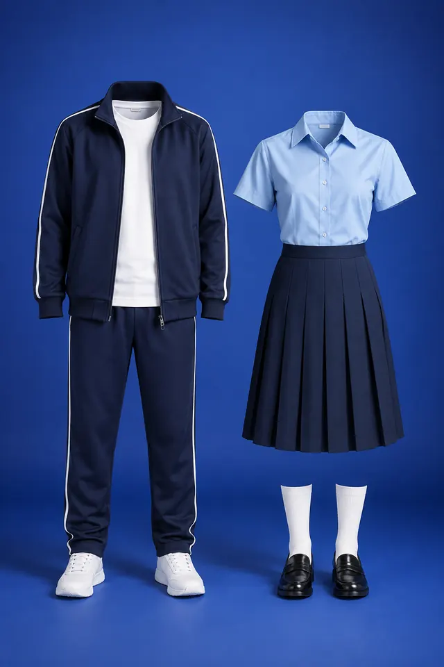 Studio photo: a navy school tracksuit with white side stripes, and a light-blue shirt with a navy pleated skirt, on royal blue