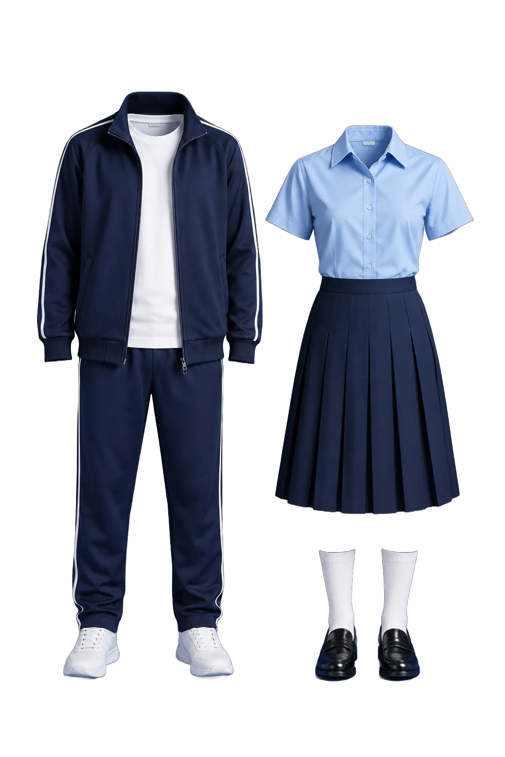 Studio photo: a navy school tracksuit with white side stripes, and a light-blue shirt with a navy pleated skirt, on royal blue