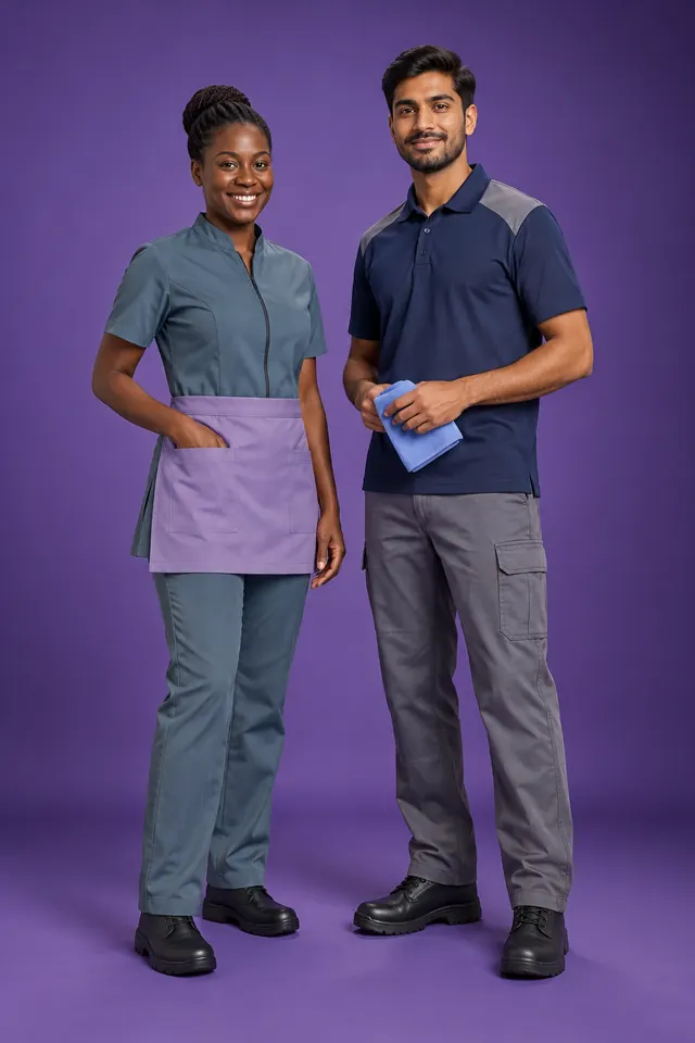 Studio photo: a housekeeper in a teal-grey tunic with a lilac waist apron, and a facilities worker in a navy polo with grey cargo trousers