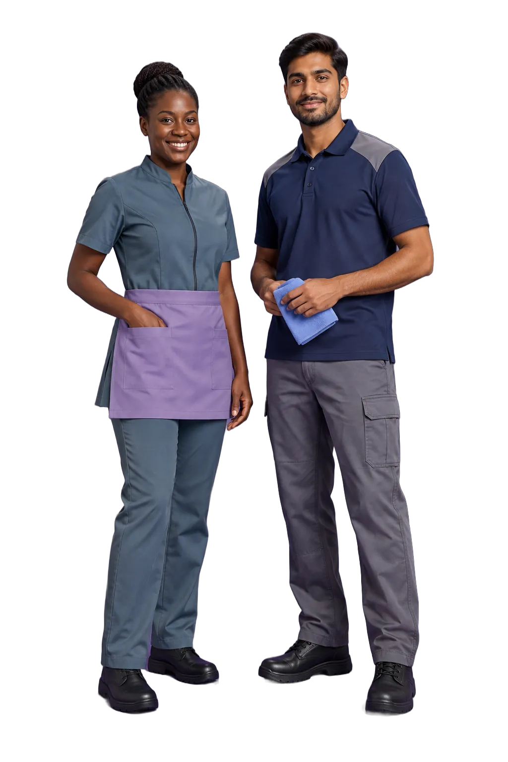 Studio photo: a housekeeper in a teal-grey tunic with a lilac waist apron, and a facilities worker in a navy polo with grey cargo trousers