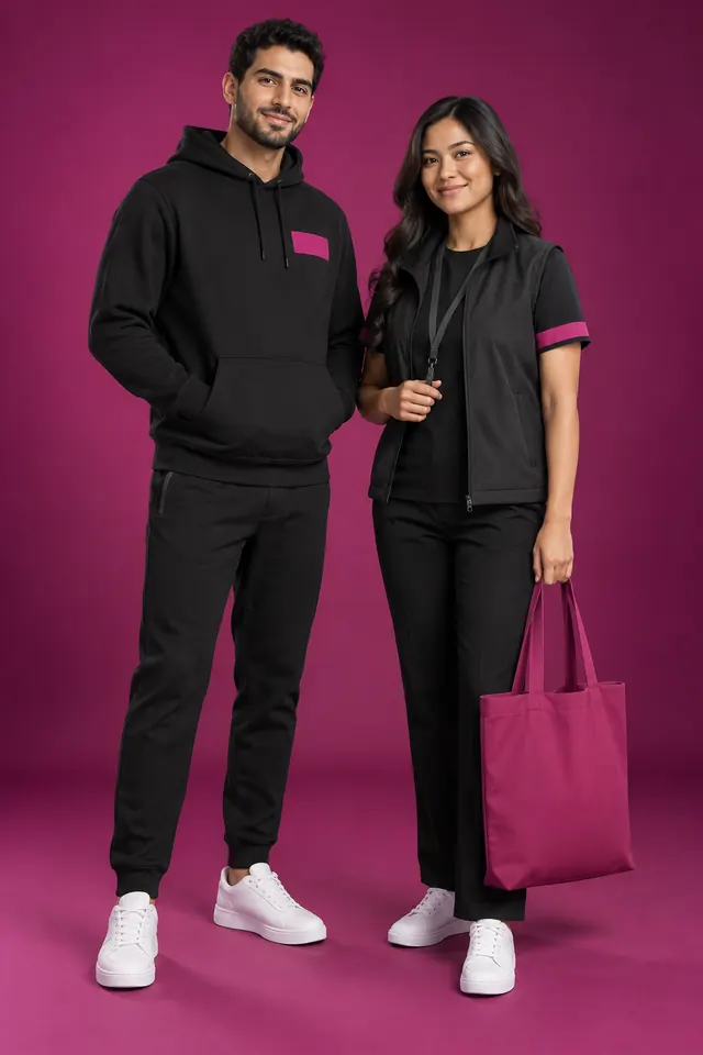 Studio photo: a black hoodie with a magenta chest panel, and a black gilet with magenta sleeve trim and a magenta tote bag