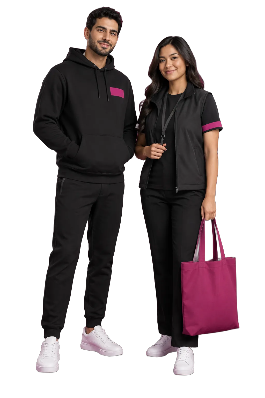 Studio photo: a black hoodie with a magenta chest panel, and a black gilet with magenta sleeve trim and a magenta tote bag