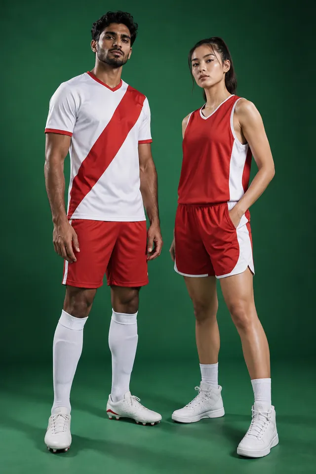Studio photo: a red and white football kit and a red basketball kit, on green