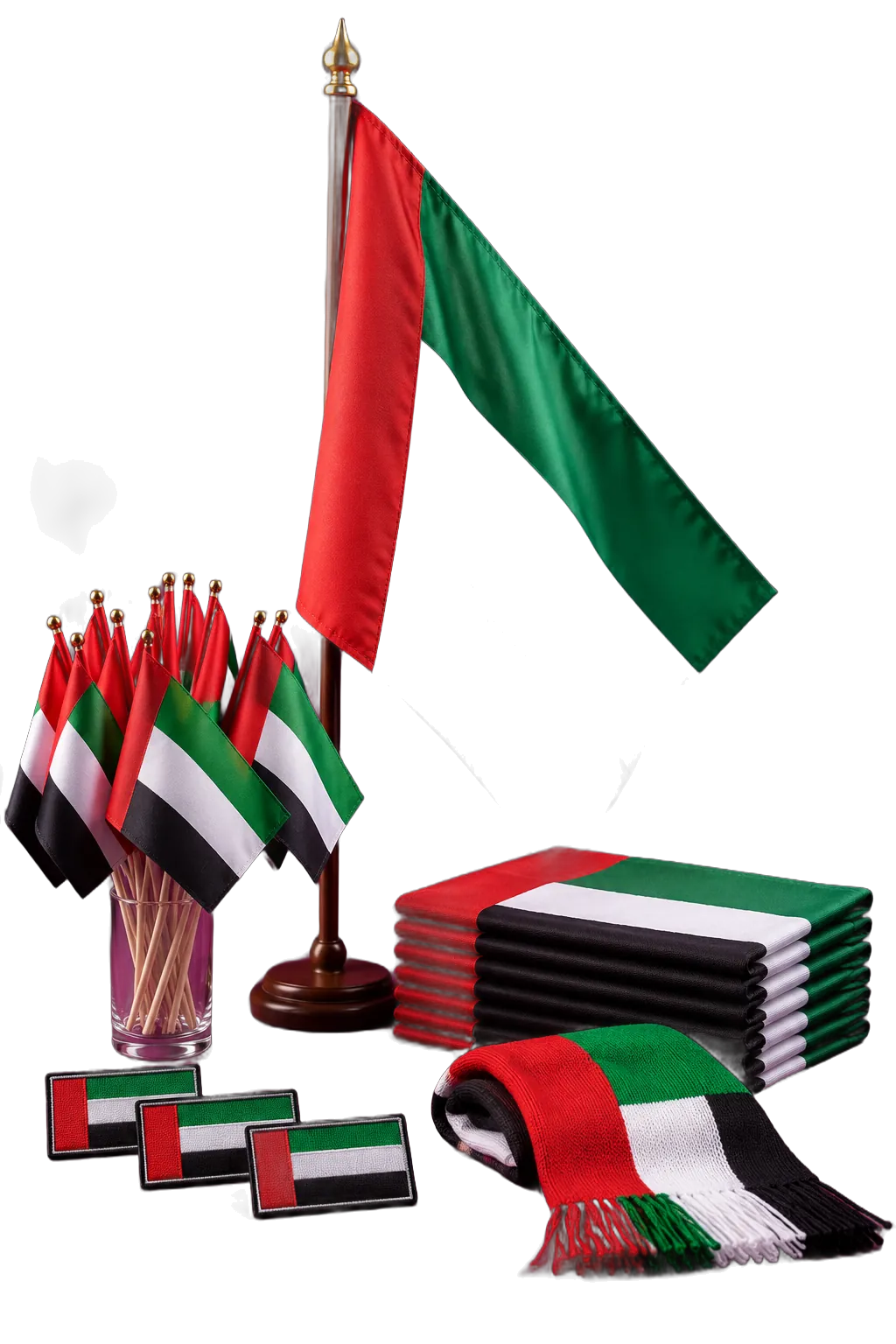 صورة استوديو: أعلام الإمارات على عمود خشبي، وأعلام صغيرة باليد، وأوشحة بألوان العلم، وشارات مطرزة