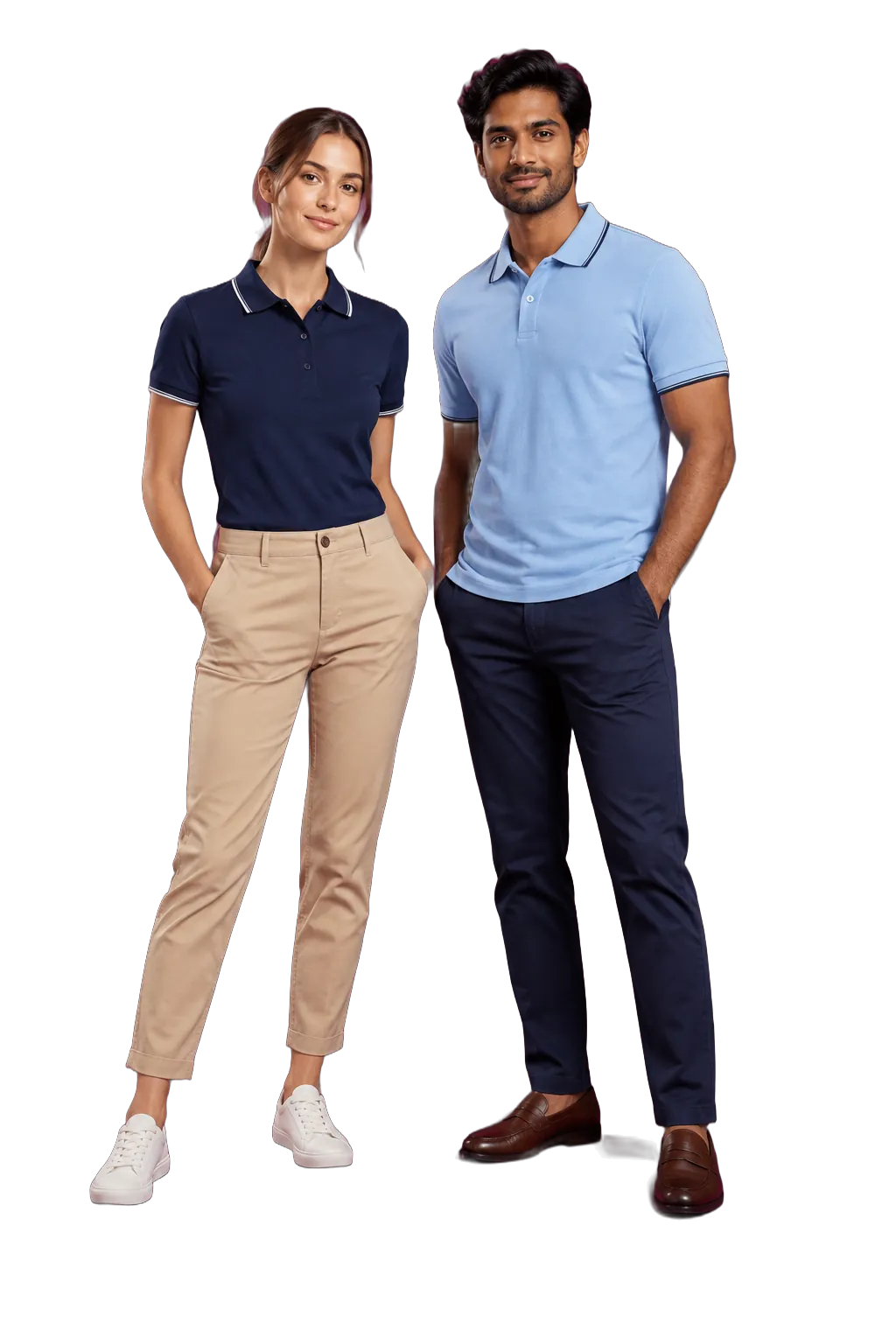 Studio photo: a navy polo with white collar tipping and a light-blue polo with navy tipping, with chinos