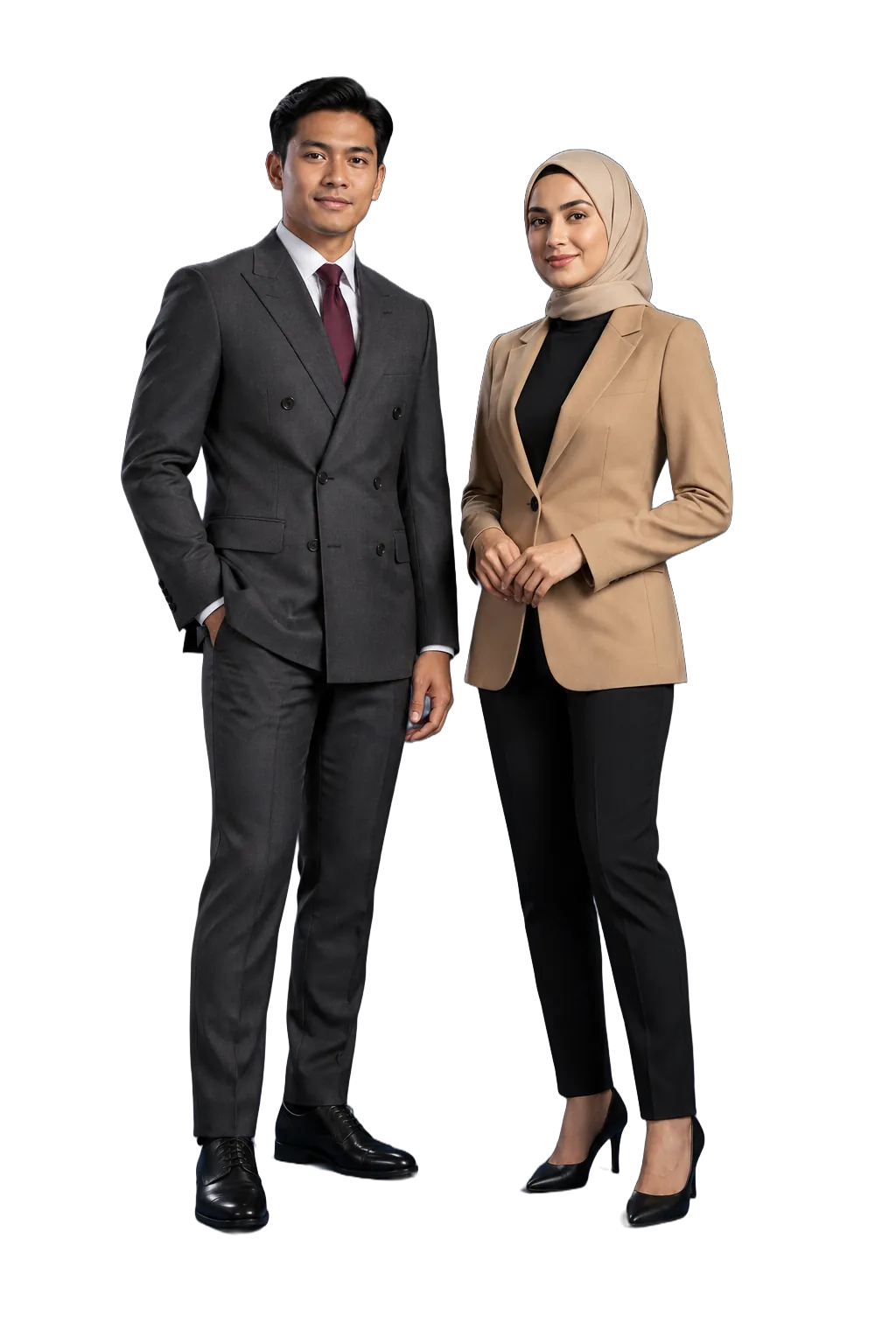 Studio photo: a charcoal double-breasted suit with a burgundy tie and a camel blazer with black trousers